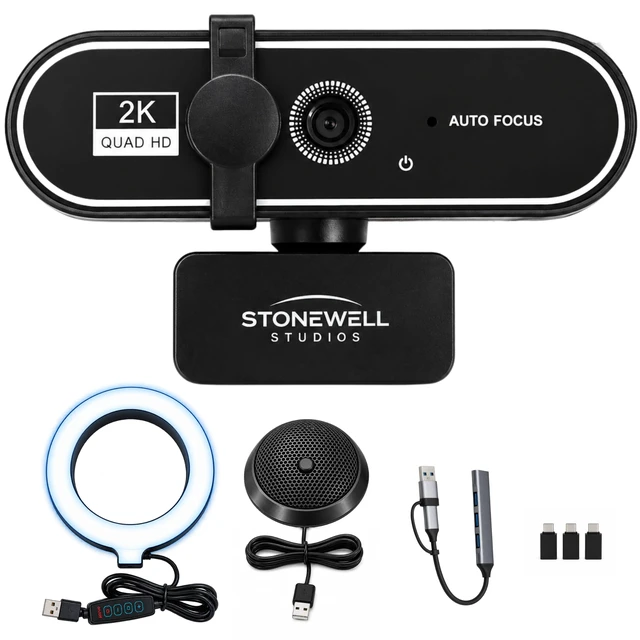 Main image of 2k Webcam for PC with Ring Light, Laptop Camera with Built-In Microphone | Comes with a USB Hub, 3 USB A to C Dongles, External Microphone, Wide Angle Lens, Plug and Play, Streaming Ready