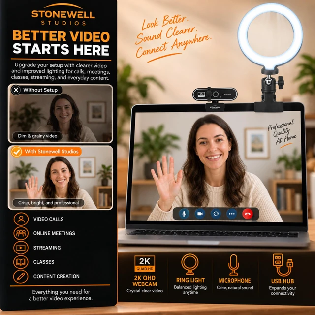 Alt view image 2 of 7 - 2k Webcam for PC with Ring Light, Laptop Camera with Built-In Microphone | Comes with a USB Hub, 3 USB A to C Dongles, External Microphone, Wide Angle Lens, Plug and Play, Streaming Ready