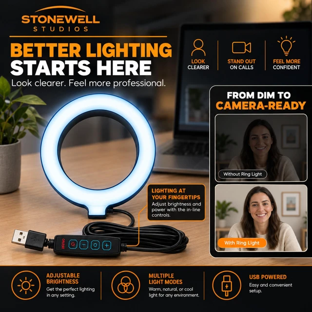 Alt view image 4 of 7 - 2k Webcam for PC with Ring Light, Laptop Camera with Built-In Microphone | Comes with a USB Hub, 3 USB A to C Dongles, External Microphone, Wide Angle Lens, Plug and Play, Streaming Ready