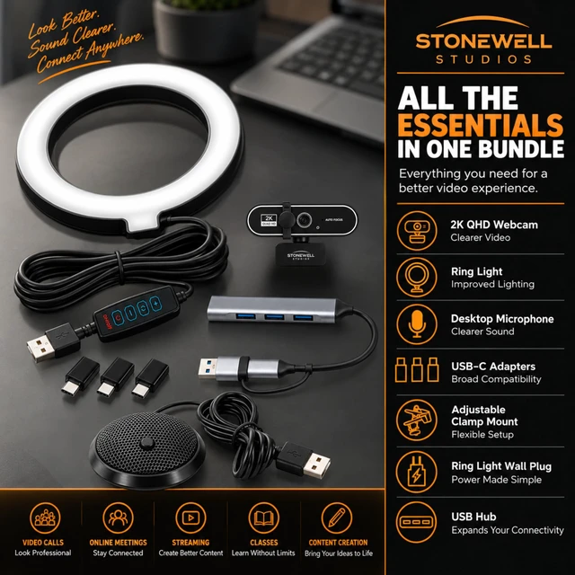 Alt view image 3 of 7 - 2k Webcam for PC with Ring Light, Laptop Camera with Built-In Microphone | Comes with a USB Hub, 3 USB A to C Dongles, External Microphone, Wide Angle Lens, Plug and Play, Streaming Ready