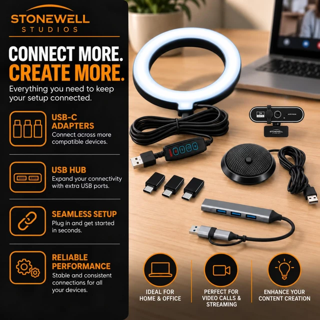 Alt view image 6 of 7 - 2k Webcam for PC with Ring Light, Laptop Camera with Built-In Microphone | Comes with a USB Hub, 3 USB A to C Dongles, External Microphone, Wide Angle Lens, Plug and Play, Streaming Ready