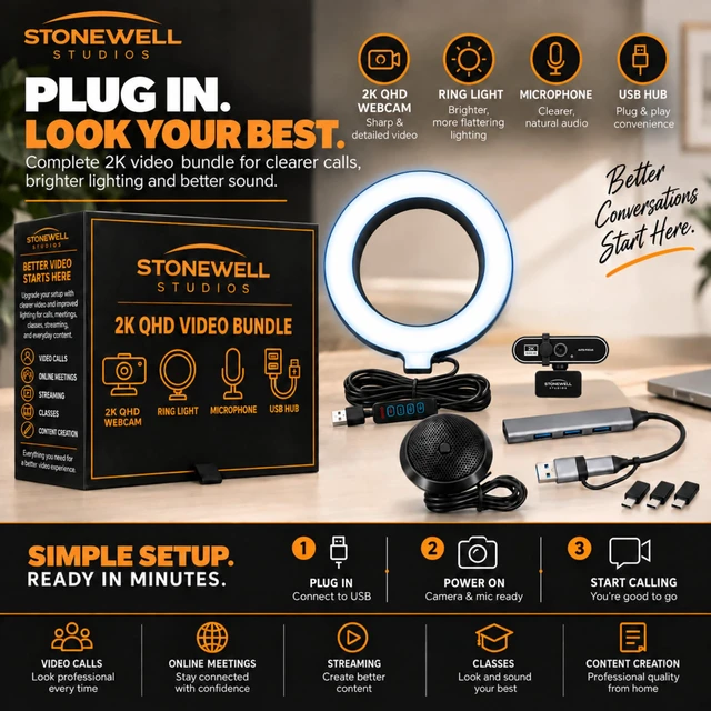 Alt view image 7 of 7 - 2k Webcam for PC with Ring Light, Laptop Camera with Built-In Microphone | Comes with a USB Hub, 3 USB A to C Dongles, External Microphone, Wide Angle Lens, Plug and Play, Streaming Ready