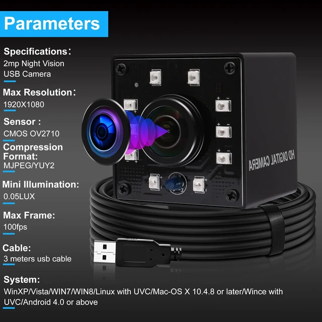Alt view image 7 of 7 - IR Infrared USB Fisheye Camera for Computer, High Speed Night Vision Webcam | 100FPS/480P, 60FPS/720P, 30FPS/1080P, Wide Angle UVC USB2.0 Lightburn camera, 1.56mm Fisheye Webcam for Home Surveillance