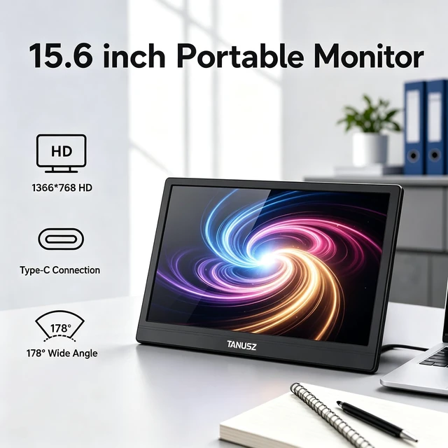 Alt view image 2 of 7 - TANUSZ 15.6 Inch Portable Monitor, 1366x768 HD 16:9 HDR Portable Display, USB Type-C Second Screen for Laptop, PC, Xbox, Smart Phone