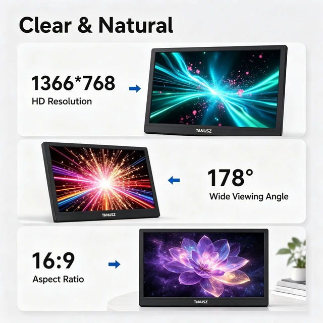 Alt view image 3 of 7 - TANUSZ 15.6 Inch Portable Monitor, 1366x768 HD 16:9 HDR Portable Display, USB Type-C Second Screen for Laptop, PC, Xbox, Smart Phone