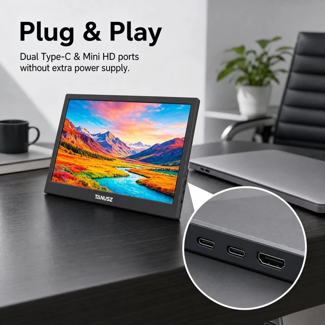 Alt view image 5 of 7 - TANUSZ 15.6 Inch Portable Monitor, 1366x768 HD 16:9 HDR Portable Display, USB Type-C Second Screen for Laptop, PC, Xbox, Smart Phone
