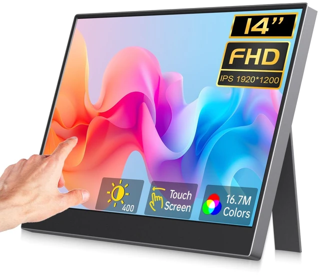 Main image of 14 Inch Portable Touchscreen Monitor, 1920x1200 IPS 16:10 Touch Display | 100% sRGB, 400 Nits, Built-in Speakers, 0-60° Adjustable Stand, 75x75mm VESA Mount
