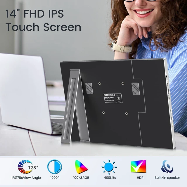 Alt view image 4 of 7 - 14 Inch Portable Touchscreen Monitor, 1920x1200 IPS 16:10 Touch Display | 100% sRGB, 400 Nits, Built-in Speakers, 0-60° Adjustable Stand, 75x75mm VESA Mount