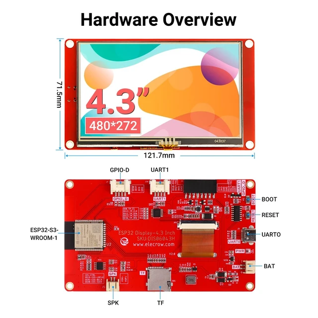 Alt view image 3 of 7 - 4.3" ESP32 Display 480x272 HMI TFT Touch Screen with Acrylic Case | ESP32-S3 Touchscreen with 32-Bit LX6 Dual-Core Processor, Up to 240MHz, Compatible with Arduino/LVGL/PlatformIO/MicroPython