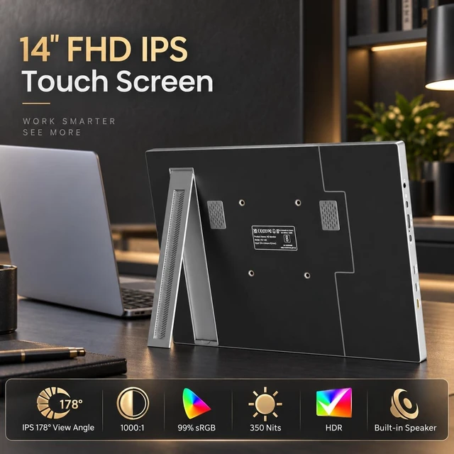 Alt view image 4 of 7 - Portable Monitor Touchscreen 14 Inch 1080P Touch Screen Monitor Portable | Kickstand HDMI USB C 100% sRGB Ultra-Slim Travel Monitors for Laptop, PC, Mac, Phone, Switch