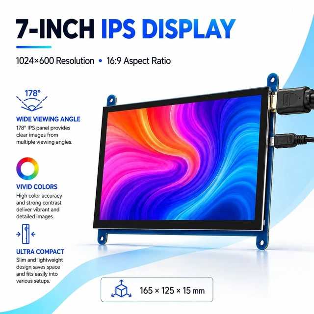 Alt view image 2 of 7 - KLYSTR 7 Inch HDMI Touch Screen Monitor, 1024x600 IPS LCD for Raspberry Pi | Build DIY dashboards and IoT controls using a 7-inch 1024x600 IPS LCD HDMI touchscreen monitor for Raspberry Pi.