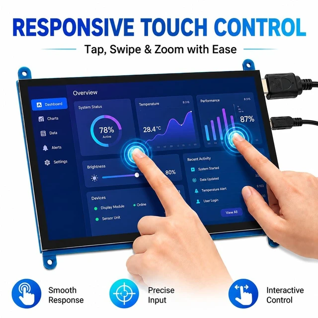 Alt view image 3 of 7 - KLYSTR 7 Inch HDMI Touch Screen Monitor, 1024x600 IPS LCD for Raspberry Pi | Build DIY dashboards and IoT controls using a 7-inch 1024x600 IPS LCD HDMI touchscreen monitor for Raspberry Pi.
