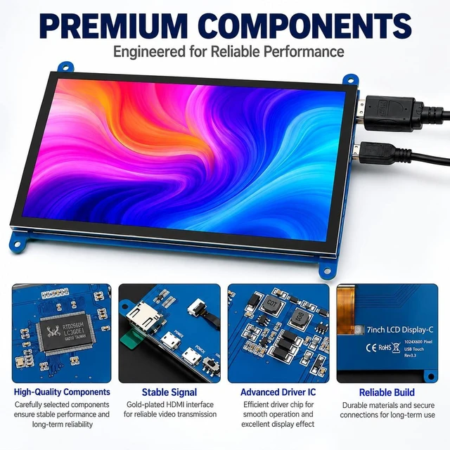 Alt view image 7 of 7 - KLYSTR 7 Inch HDMI Touch Screen Monitor, 1024x600 IPS LCD for Raspberry Pi | Build DIY dashboards and IoT controls using a 7-inch 1024x600 IPS LCD HDMI touchscreen monitor for Raspberry Pi.