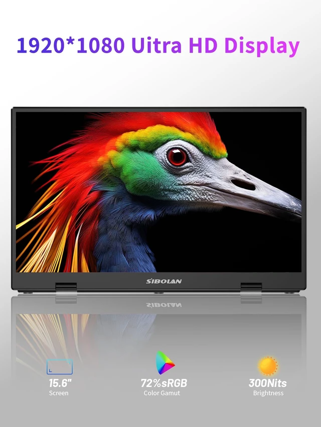 Alt view image 2 of 6 - sibolan Portable Monitor, 15.6 Display, 1080P Full HD Resolution, IPS Panel, 300 Nits Brightness, 60Hz Refresh Rate, USB-C/HDMI, Plug & Play, Height-Adjustable Stand, Gaming & Travel