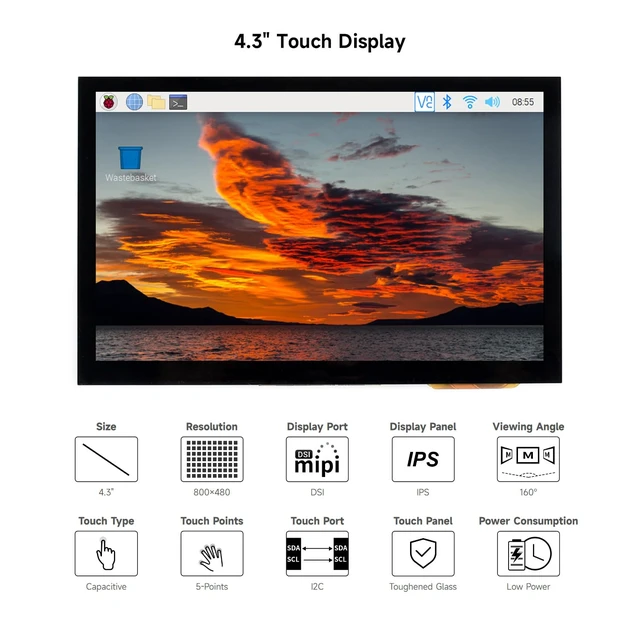 Alt view image 3 of 7 - waveshare 4.3inch Capacitive Touch Display Compatible with Raspberry Pi 5/4B/3B+/3A+/3B/2B/B+/A+/CM3/3+/4 800×480 Resolution IPS Wide Angle MIPI DSI Interface