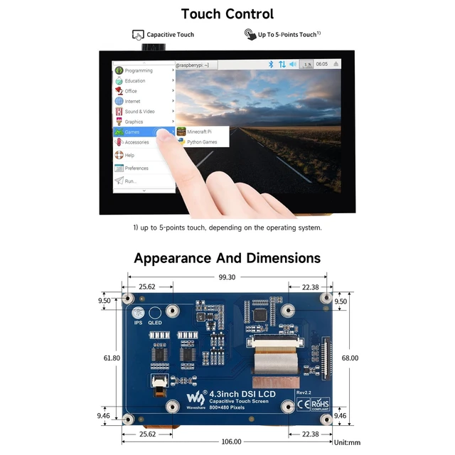 Alt view image 6 of 7 - waveshare 4.3inch Capacitive Touch Display Compatible with Raspberry Pi 5/4B/3B+/3A+/3B/2B/B+/A+/CM3/3+/4 800×480 Resolution IPS Wide Angle MIPI DSI Interface