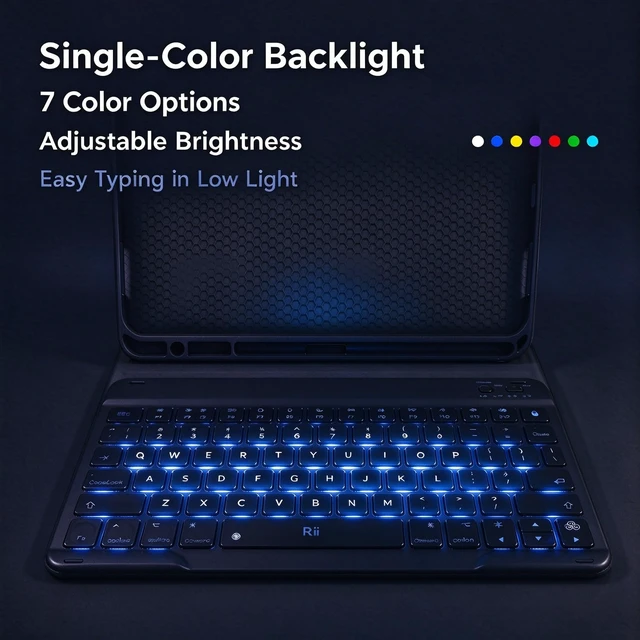 Alt view image 2 of 6 - Rii Keyboard Case for iPad 11/10th Gen, Bluetooth & Wired, 7-Color Backlit | Dual-Mode with Pencil Holder, Square Keys, Folio Stand for iPad A16 11" & 10.9" 2022, Honeycomb Back, Ultra-Slim Black