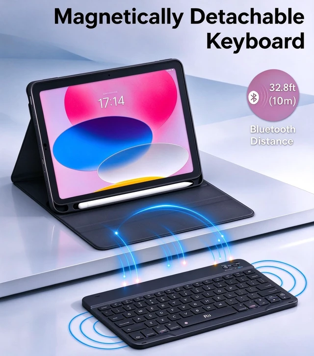 Alt view image 3 of 6 - Rii Keyboard Case for iPad 11/10th Gen, Bluetooth & Wired, 7-Color Backlit | Dual-Mode with Pencil Holder, Square Keys, Folio Stand for iPad A16 11" & 10.9" 2022, Honeycomb Back, Ultra-Slim Black