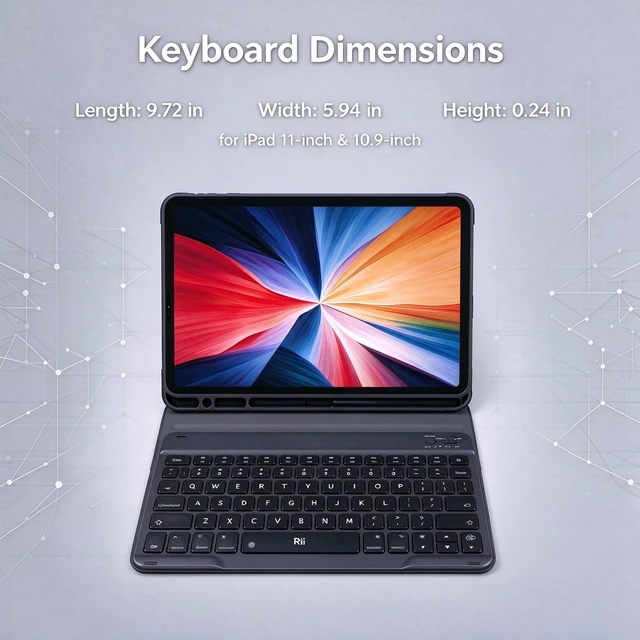 Alt view image 4 of 6 - Rii Keyboard Case for iPad 11/10th Gen, Bluetooth & Wired, 7-Color Backlit | Dual-Mode with Pencil Holder, Square Keys, Folio Stand for iPad A16 11" & 10.9" 2022, Honeycomb Back, Ultra-Slim Black