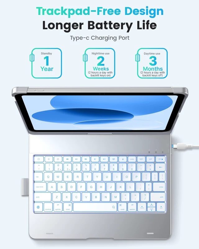 Alt view image 3 of 7 - typecase Flexbook Trackpad-Free Keyboard Case for iPad A16 11th/10th Gen | 360° Rotating, 11-Color Backlit Keys, Pencil Holder; Fits iPad A16 11 (2025) & 10th Gen 10.9 (2022), Silver
