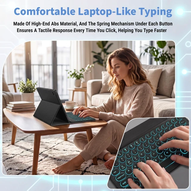 Alt view image 4 of 7 - Wineecy Backlit Keyboard Case for Samsung Galaxy Tab A11 Plus/A9 Plus 11 | 7 Colors Backlit, Detachable Wireless Keyboard, PU Leather Folio Case with Screen Protector, Built in Pen Holder, Round Keys