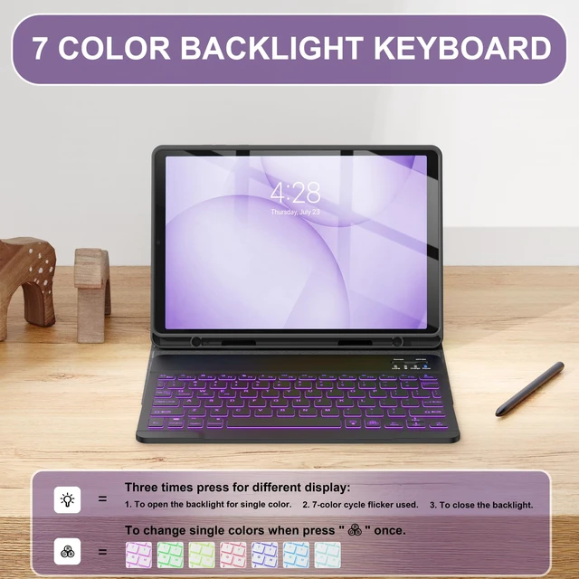 Alt view image 4 of 7 - Soke Keyboard Case for Samsung Galaxy Tab A11+ Plus 11 Inch, Purple Marble | 7-Color Backlit Keys, Wireless Detachable Folio Keyboard Cover, Built in S Pen Holder, Different Viewing Angles