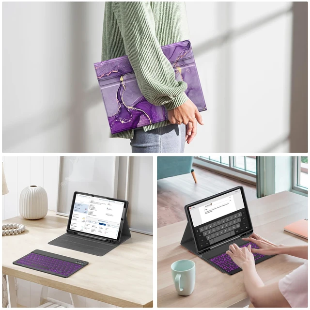 Alt view image 5 of 7 - Soke Keyboard Case for Samsung Galaxy Tab A11+ Plus 11 Inch, Purple Marble | 7-Color Backlit Keys, Wireless Detachable Folio Keyboard Cover, Built in S Pen Holder, Different Viewing Angles
