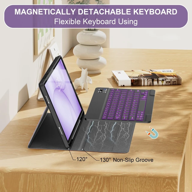 Alt view image 6 of 7 - Soke Keyboard Case for Samsung Galaxy Tab A11+ Plus 11 Inch, Purple Marble | 7-Color Backlit Keys, Wireless Detachable Folio Keyboard Cover, Built in S Pen Holder, Different Viewing Angles