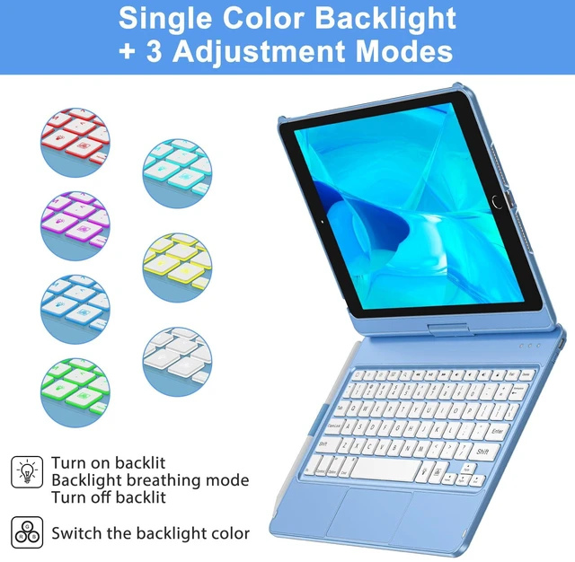 Alt view image 4 of 7 - aMZCaSE 360° Keyboard Case for iPad 7th-9th Gen 10.2" | Colorful Backlit, Multi-Touch Touchpad, Smart Wake/Sleep, Pencil Holder, Iceland Blue