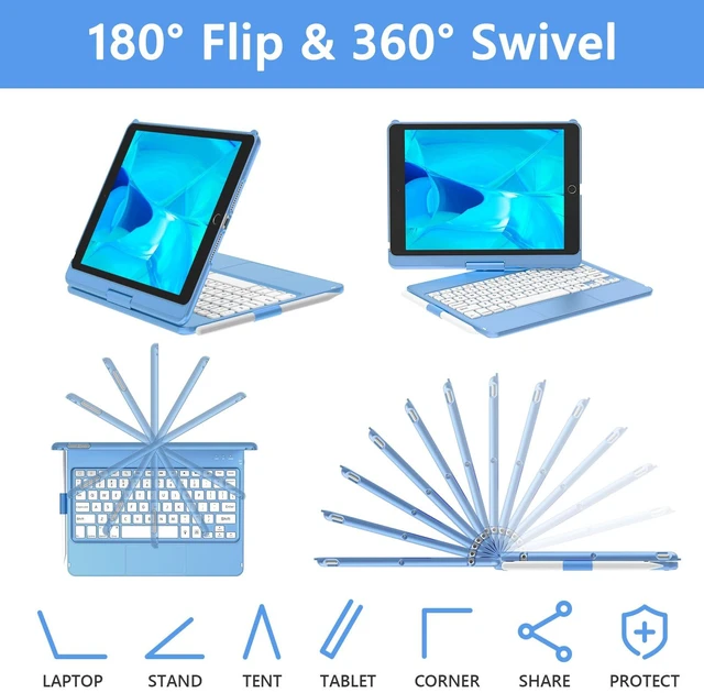 Alt view image 6 of 7 - aMZCaSE 360° Keyboard Case for iPad 7th-9th Gen 10.2" | Colorful Backlit, Multi-Touch Touchpad, Smart Wake/Sleep, Pencil Holder, Iceland Blue