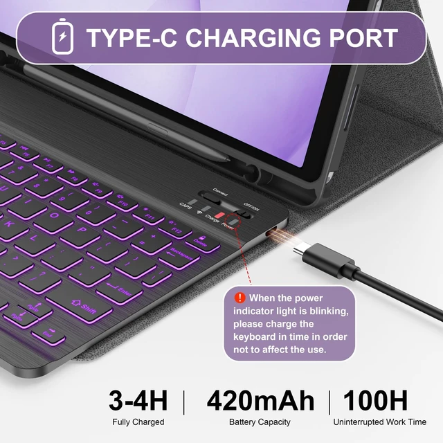 Alt view image 7 of 7 - Soke Keyboard Case for Samsung Galaxy Tab A11+ Plus 11 Inch, Purple Marble | 7-Color Backlit Keys, Wireless Detachable Folio Keyboard Cover, Built in S Pen Holder, Different Viewing Angles
