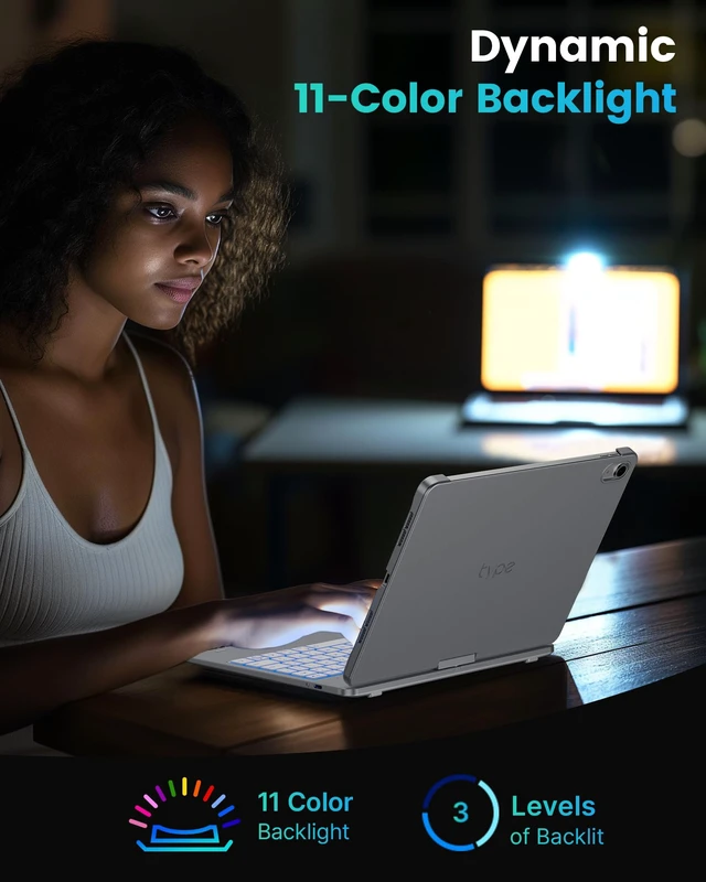Alt view image 6 of 7 - typecase Flexbook Trackpad-Free Keyboard Case for iPad A16 11th/10th Gen | 360° Rotating, 11-Color Backlit Keys, Pencil Holder; Fits iPad A16 11 (2025) & 10th Gen 10.9 (2022), Silver