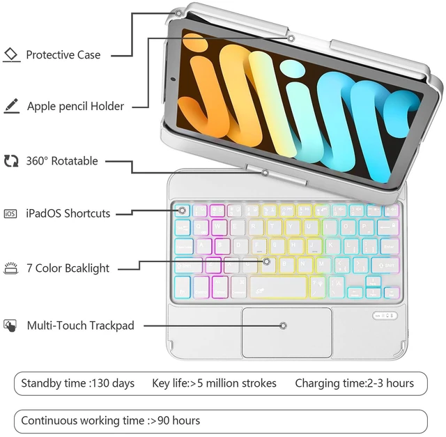 Alt view image 3 of 7 - TaIYanG iPad mini Keyboard Case for 8.3 Inch Mini 6/7, 360° Rotatable | For iPad Mini 7 Keyboard Case A17 Pro & Mini 6, Multi-Touch Trackpad, 7-Color Backlit, for Home, Office, School, Grey