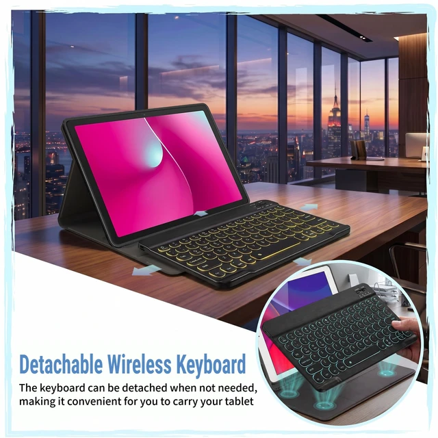 Alt view image 3 of 7 - Backlit Keyboard Case for T-Mobile REVVL Tab 2 10.1 Inch 2025 Release | 7 Colors Backlit, Detachable Wireless Keyboard, Rechargeable Battery , PU Leather Folio Case, Round Keys