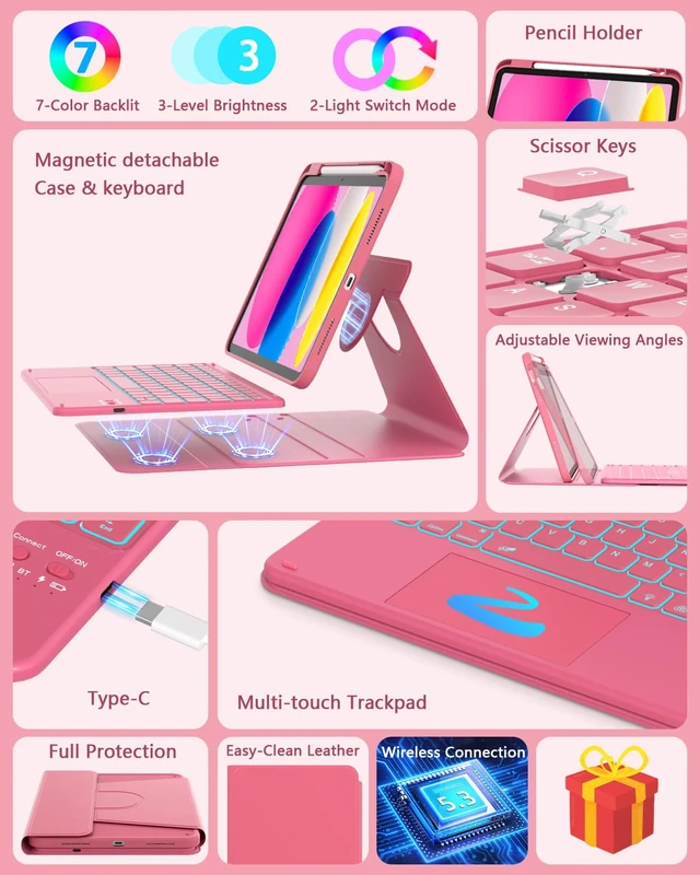 Alt view image 3 of 7 - ZYNTHRALIX for iPad 11th (A16)/10th Gen Case Keyboard, Portrait/Tablet Mode | Detachable Magnetic Protective Case, Wireless Keyboard with Smart Trackpad, 7-Color Backlit, Landscape/Portrait, Hot Pink