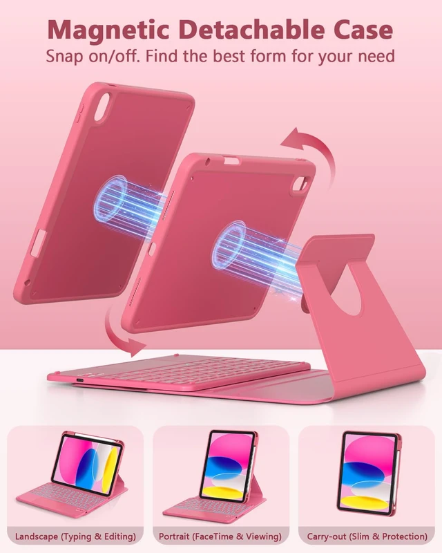 Alt view image 4 of 7 - ZYNTHRALIX for iPad 11th (A16)/10th Gen Case Keyboard, Portrait/Tablet Mode | Detachable Magnetic Protective Case, Wireless Keyboard with Smart Trackpad, 7-Color Backlit, Landscape/Portrait, Hot Pink