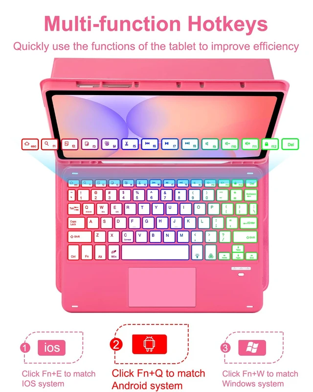 Alt view image 3 of 7 - MePadKey Touchpad Keyboard Case for Samsung Galaxy Tab S10 Lite/S10 FE | S9 FE 10.9 inch /S9 11" 2025/2023 Tablet, Rainbow Backlight Type-C Charging TrackPad Keyboard with Pencil Holder (Red)