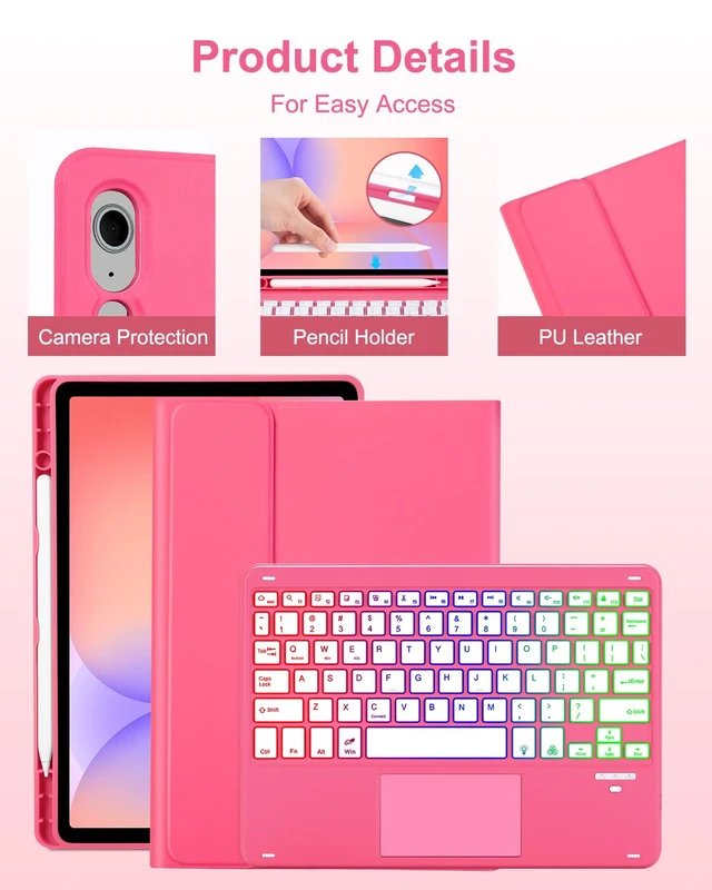Alt view image 4 of 7 - MePadKey Touchpad Keyboard Case for Samsung Galaxy Tab S10 Lite/S10 FE | S9 FE 10.9 inch /S9 11" 2025/2023 Tablet, Rainbow Backlight Type-C Charging TrackPad Keyboard with Pencil Holder (Red)