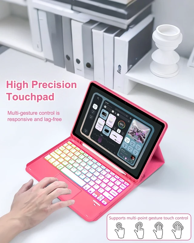 Alt view image 5 of 7 - MePadKey Touchpad Keyboard Case for Samsung Galaxy Tab S10 Lite/S10 FE | S9 FE 10.9 inch /S9 11" 2025/2023 Tablet, Rainbow Backlight Type-C Charging TrackPad Keyboard with Pencil Holder (Red)
