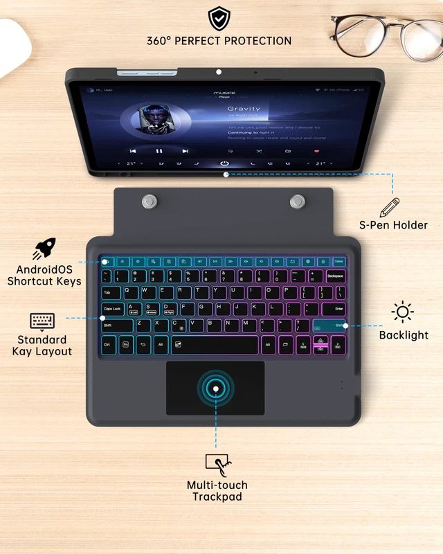 Alt view image 3 of 7 - for Galaxy Tab A9+ 11 inch Case with Keyboard - Rainbow Backlit Detachable Tablet Keyboard Cover with Touchpad - Auto Wake-up/Sleep Keyboard Case with Pen Holder for Samsung Galaxy Tab A9 Plus 5G 2023