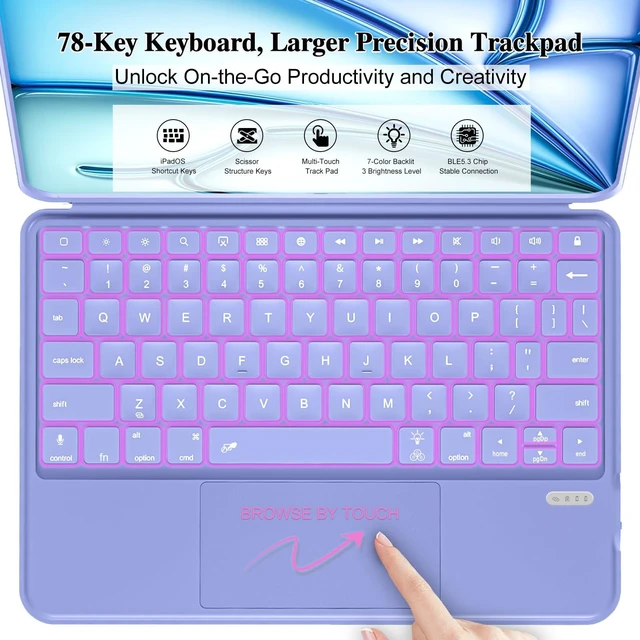 Alt view image 5 of 7 - iPad Air 11 inch Case with Keyboard (M4/M3/M2, 2026/2025/2024), Pro 11, Air 5/4th, Wireless Detachable with Stand, Trackpad, Backlit, Slim Cover for iPad A16 11th 2025/10th 10.9" 2022 (Violet Purple)