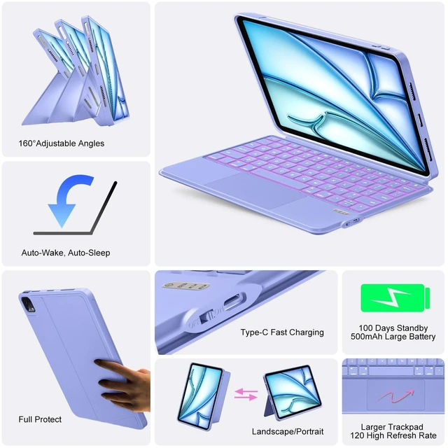 Alt view image 6 of 7 - iPad Air 11 inch Case with Keyboard (M4/M3/M2, 2026/2025/2024), Pro 11, Air 5/4th, Wireless Detachable with Stand, Trackpad, Backlit, Slim Cover for iPad A16 11th 2025/10th 10.9" 2022 (Violet Purple)