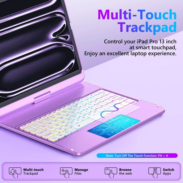 Alt view image 5 of 7 - for iPad Pro 13 inch Case with Keyboard M5/M4, 360° Rotating, Purple | Multi-Touch Trackpad, 7-Color Backlit, Built-in Pencil Holder, Long Battery, Keyboard for iPad Pro 13-inch (M5/M4) 2025/2024