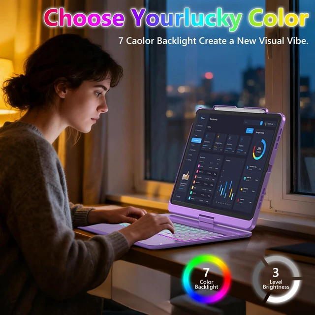 Alt view image 7 of 7 - for iPad Pro 13 inch Case with Keyboard M5/M4, 360° Rotating, Purple | Multi-Touch Trackpad, 7-Color Backlit, Built-in Pencil Holder, Long Battery, Keyboard for iPad Pro 13-inch (M5/M4) 2025/2024