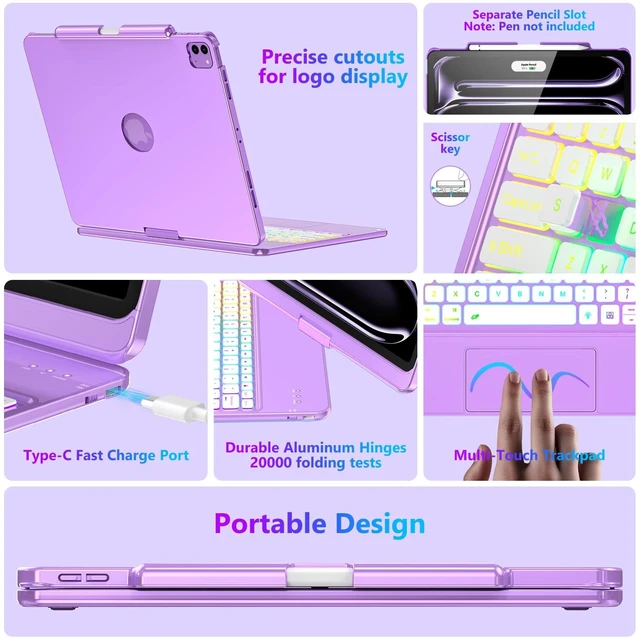 Alt view image 6 of 7 - for iPad Pro 13 inch Case with Keyboard M5/M4, 360° Rotating, Purple | Multi-Touch Trackpad, 7-Color Backlit, Built-in Pencil Holder, Long Battery, Keyboard for iPad Pro 13-inch (M5/M4) 2025/2024