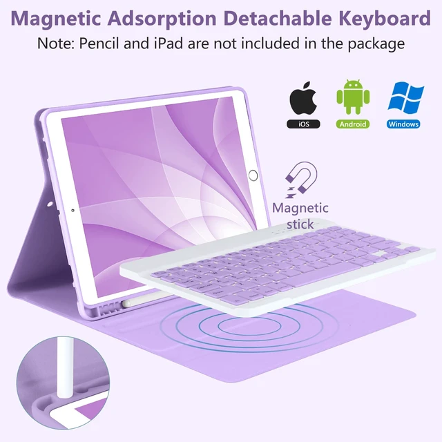Alt view image 5 of 7 - MMK for iPad 9/8/7th Generation Case with Keyboard 10.2 inch, Purple | Wireless Detachable Magnetic Folio Keyboard & Pencil Holder, for iPad Pro 10.5 inch/Air 3rd Gen