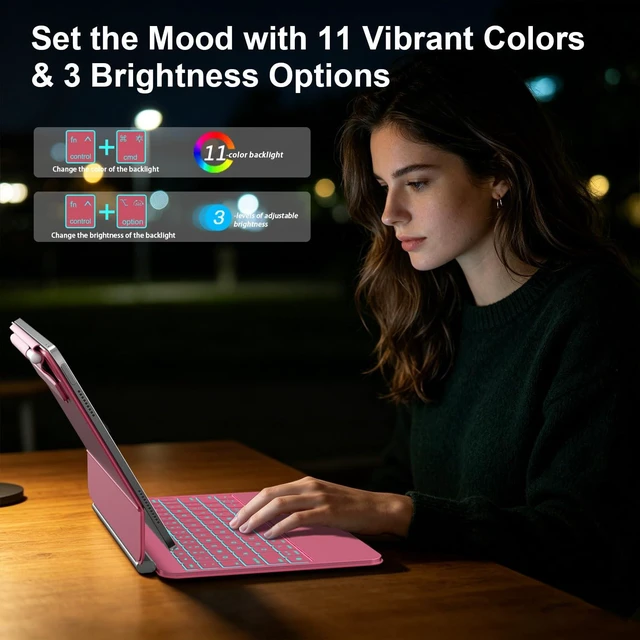 Alt view image 6 of 7 - ZYNTHRALIX for iPad 11th (A16) / 10th Gen Keyboard Case, Full-Area Trackpad | 11-Color Backlit, Smart Trackpad & Pencil Buckle, Upgraded Magic-Style Keyboard for iPad 11th/10th 10.9", Hot Pink