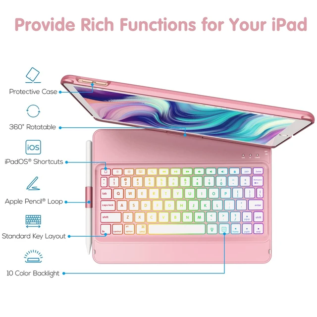 Alt view image 2 of 7 - GGH Keyboard Case for iPad 10.2 Inch 9th/8th/7th Gen, Rose Gold | 7 Color Backlight Keyboard, 360° Rotatable Protective Cover with Apple Pencil Holder for iPad Air 3 & Pro 10.5 Inch