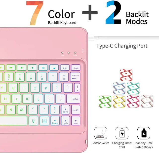 Alt view image 3 of 7 - GGH Keyboard Case for iPad 10.2 Inch 9th/8th/7th Gen, Rose Gold | 7 Color Backlight Keyboard, 360° Rotatable Protective Cover with Apple Pencil Holder for iPad Air 3 & Pro 10.5 Inch