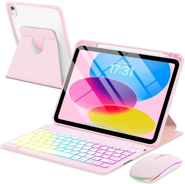 Main image of EAMPANG Case with Keyboard Mouse for iPad A16 11th 10th Generation 11/10.9 | inch,Rainbow Backlit Detachable Keypad Rotatable Magnetic Cover with Pencil Holder for iPad 11 2025 10 Gen 2022 Pink